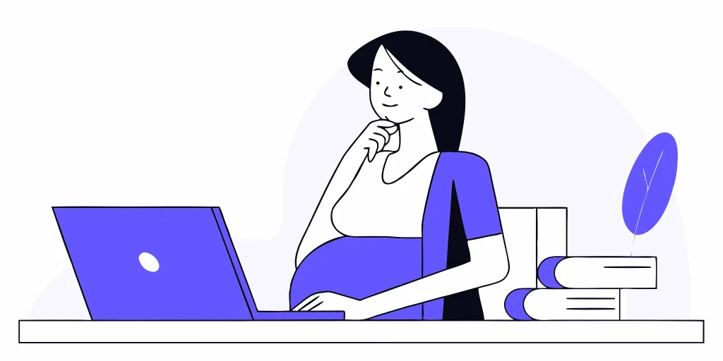Pregnant professional facing laptop, considering legal options.